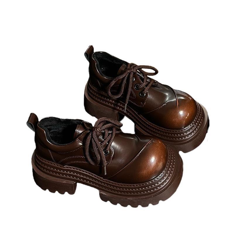 Fashionable Thick Soled Small Leather Shoes, Women's British Style Round Toe Lace Up Casual Small Height Increasing Loafers