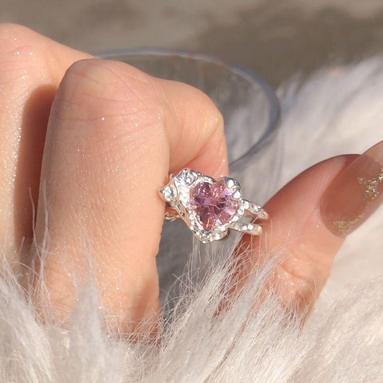 Women Premium Finger Ring S925 Sterling Silver Love Pink Zircon Niche Design Light Luxury High-End Adjustable Open Plain Tail Ring