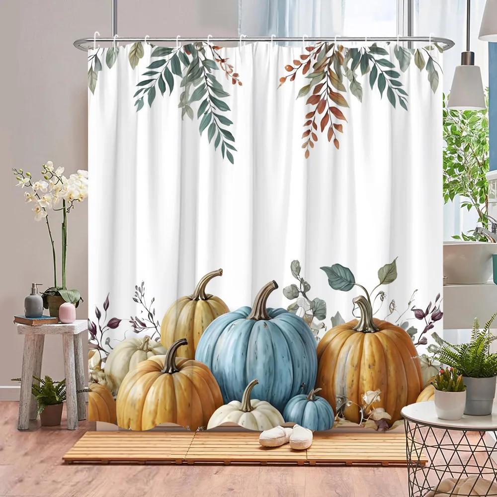 Autumn Scenic Shower Curtain Fall Pumpkin Farm Thanksgiving Butterfly Flower Leaf Barn Polyester Fabric Bathroom Decor Curtains