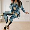 Women Plus Size Black Printed Front Zip Long Sleeve Top And Fitted Pants Two Piece Set