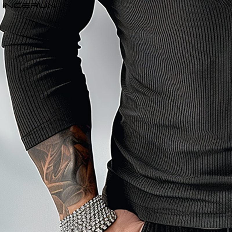 INCERUN Men Deep V Neck Long Sleeve Tops Knitted Fitted Undershirts