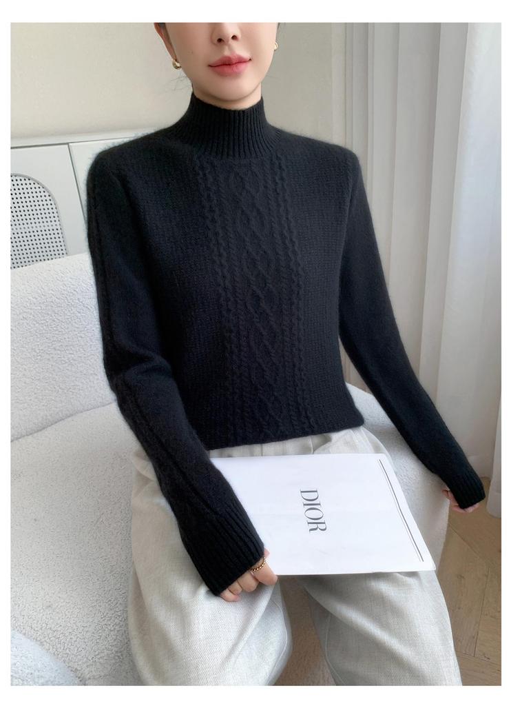 2025 Cashmere Sweater: Half-High Neck, Diamond Cable Knit, Long Sleeve, Loose Fit, Thickened Base Layer.