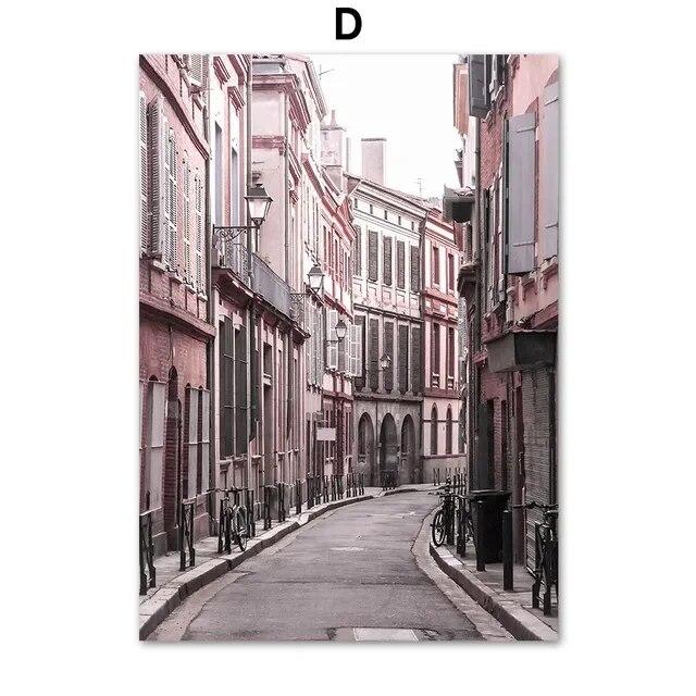 Rose Flower Pink Car Street Girl Building Wall Art Canvas Painting Nordic Posters And Prints Wall Pictures For Living Room Decor