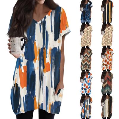 Women's Fashionable And Casual V-neck Floral Print Mid Length Pocket Short Sleeved Top