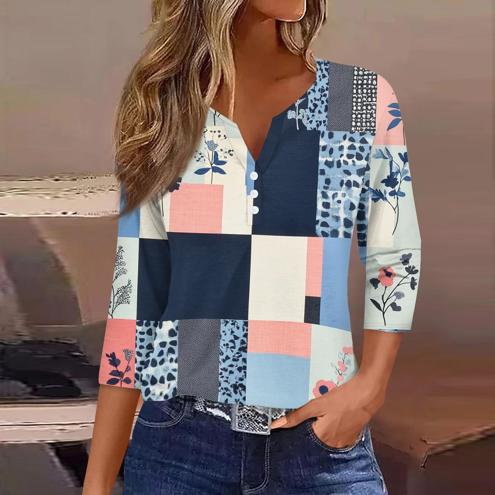 

Жен. Футболка Футболка С принтом Пуговицы Рукав 3/4 Повседневные Выходные Мода Классический Классический V-образный вырез Обычный Верх S