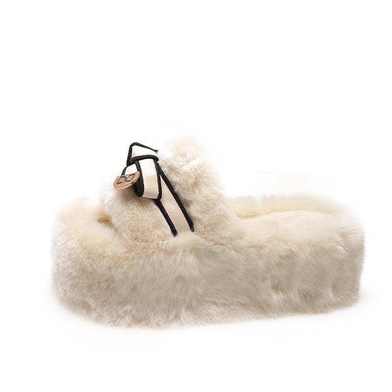 

High-heeled thick-heeled fluffy slippers for women s outerwear 2025 autumn and winter new Korean version of velvet warm thick-soled cotton slippers 35