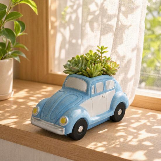 Retro brouk Auto Sukulentní Květináč, Velkokapacitní Květináč ve Tvaru Auta se Stárkovanou Glazurou Modrobílý Povrch, Kreativní Dekorace na Stůl pro Terasu Balkon