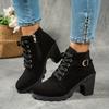 Women'S Mid-Heel Ankle Boots with Side Zipper - Comfortable Faux Cover, Decorative Buckle Design, All-Season Versatile Casual Shoes for Casual Attire