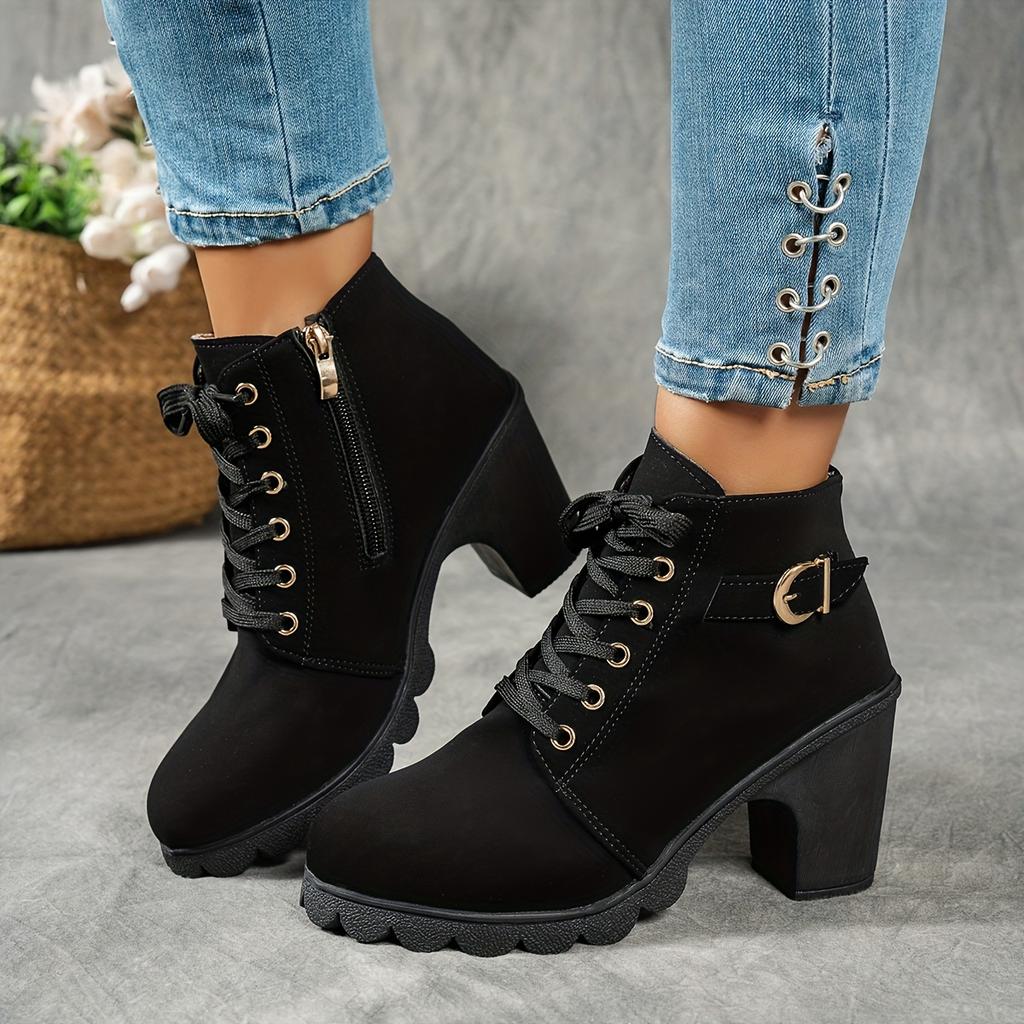 Women'S Mid-Heel Ankle Boots with Side Zipper - Comfortable Faux Cover, Decorative Buckle Design, All-Season Versatile Casual Shoes for Casual Attire