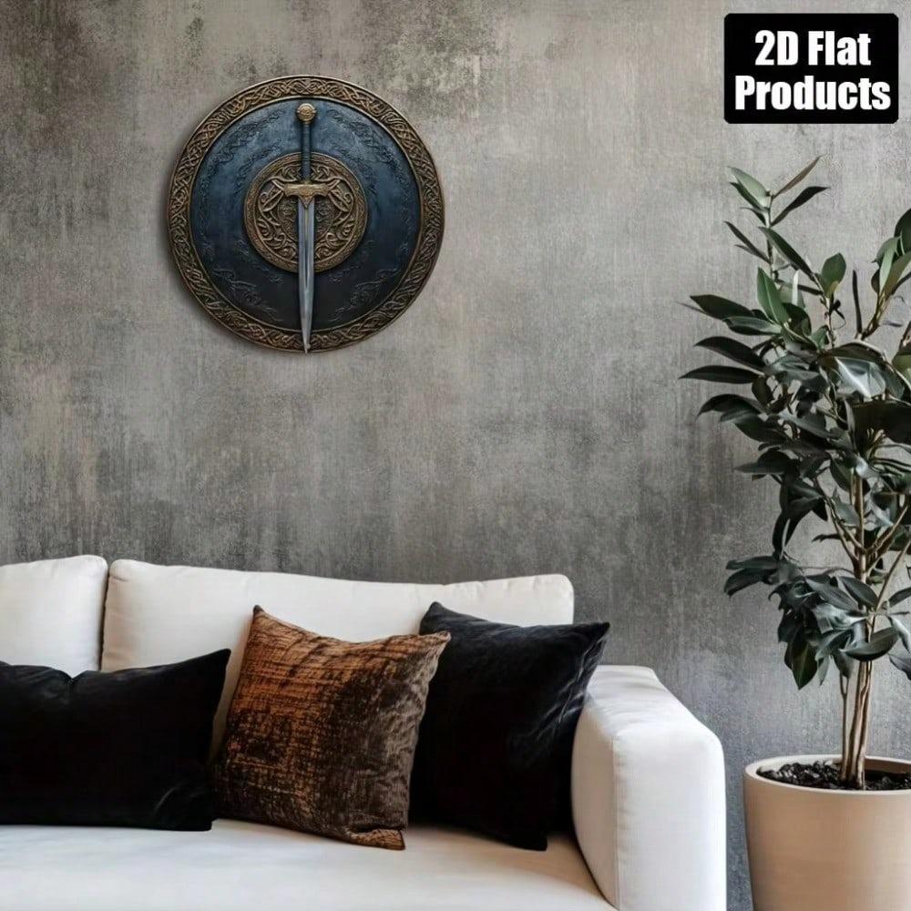 Vintage Sword Shield Metal Wall Decor Round Aluminum Sign Cafe Home Bar Art Gift