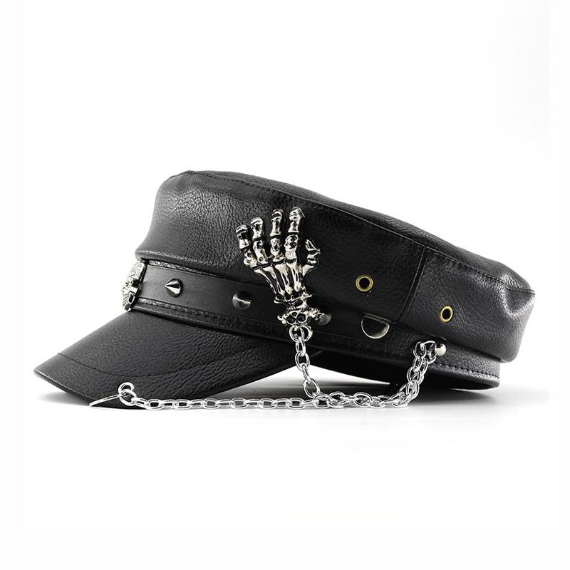 Berretto in PU Moda Stile Punk Vintage con Parte Superiore Piatta Cappelli Militari Casual da Esterno Cappellino dell'Esercito