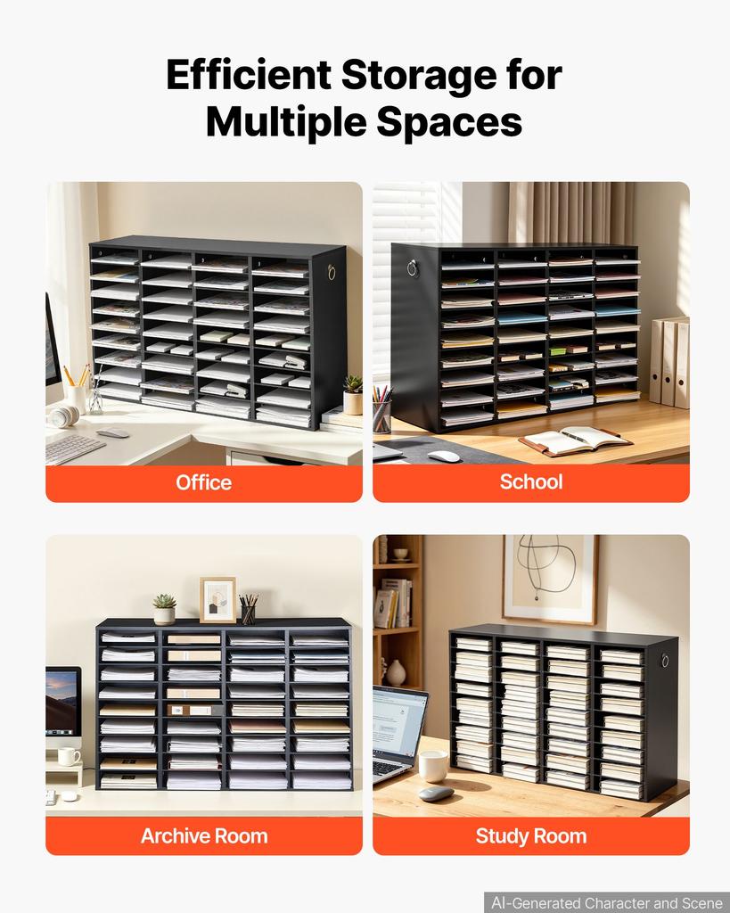 VEVOR Wood Literature Organizer 36 Compartments Office Mailboxes Black, Countertop Literature Sorter for Files Documents Papers