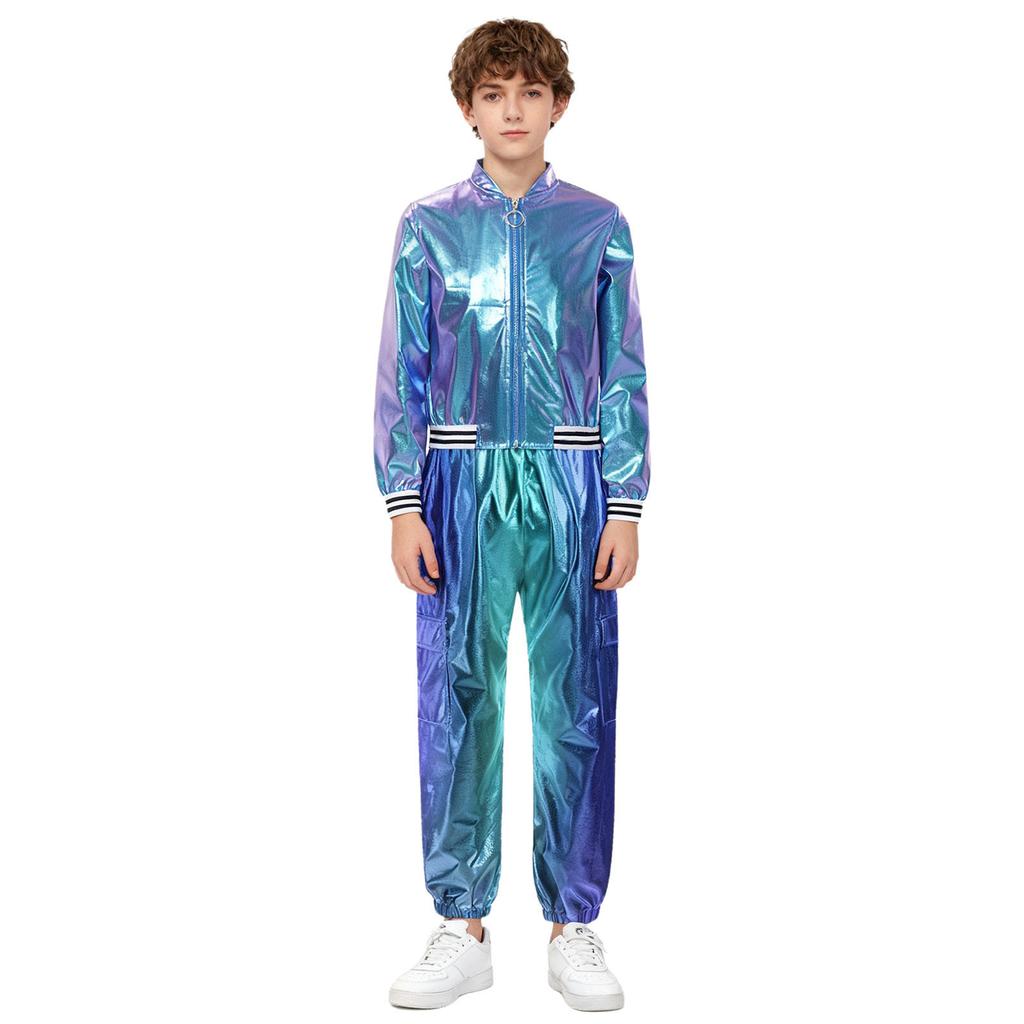 Kids Girls Hip-Hop Jazz Dance Costume Complete Set: Metallic Zipper Jacket & Pants, Stand Collar Long Sleeve Stage Outfit