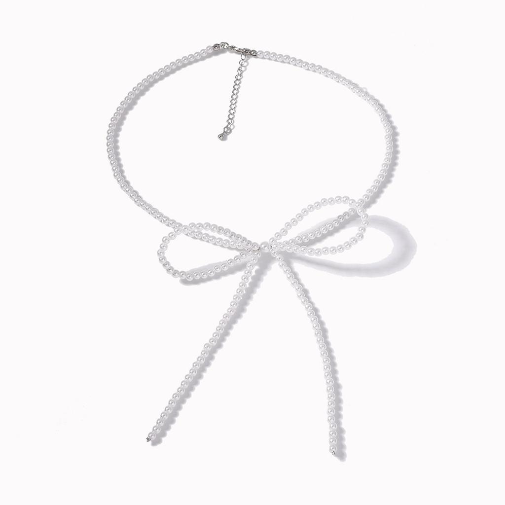 Korean version of simple niche imitation pearl fugitive princess bow necklace clean super fairy ballet style collarbone chain
