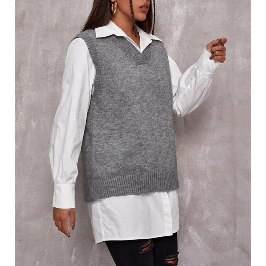 Women's Autumn and Winter Vest Women's Solid Color Top V-neck Slit Hem Sweater Vest Outside Clothes for Women