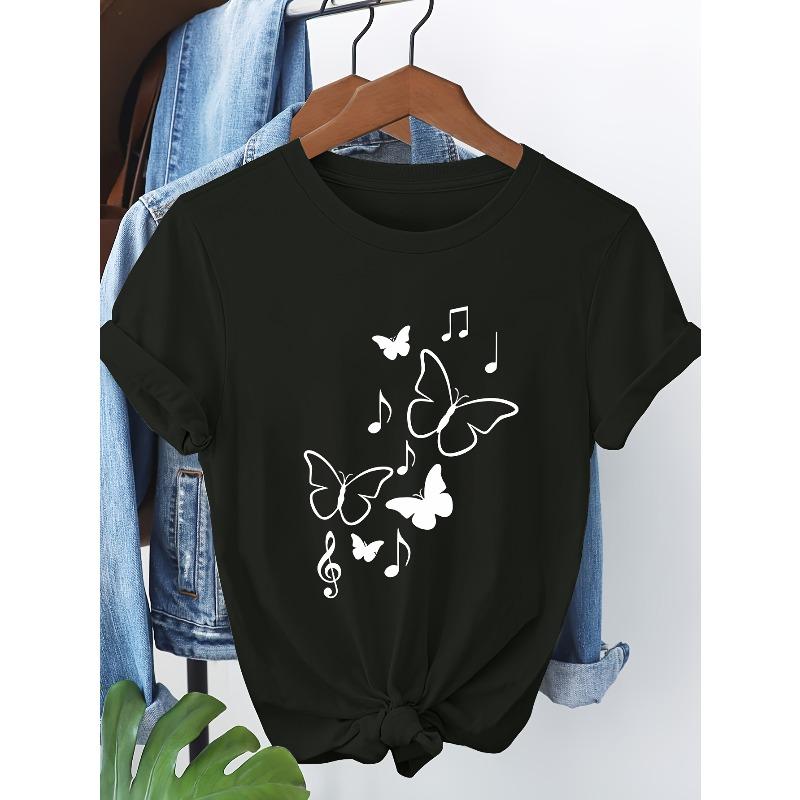 

European Size European Size Short-Sleeve T-Shirt with Butterfly Note Pattern Print 4XL чорний