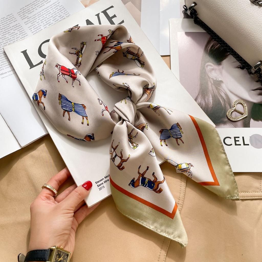 Luxury Brand Women Leopard Print Square Hijab Scarf Soft Satin Silk-like Small Neck Scarf Stylish Casual Headscarf