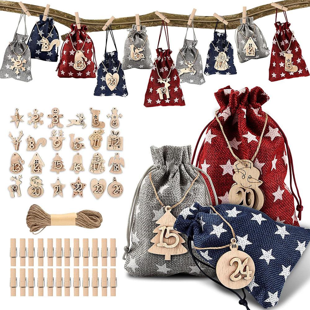 Wiederverwendbare Stoffbeutel Polyester Jute Kordelzugbeutel Adventskalenderbeutel Dekorativer DIY-Adventskalender für den Weihnachtsbaum