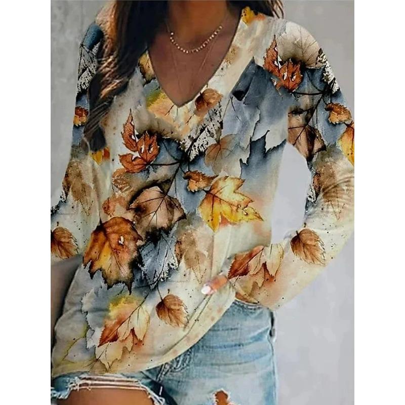 Women's Elegant V-neck Diamond Ethnic Print Long Sleeve T-shirt Soft Polyester Perfect for Autumn and Winter Casual Wear Tops