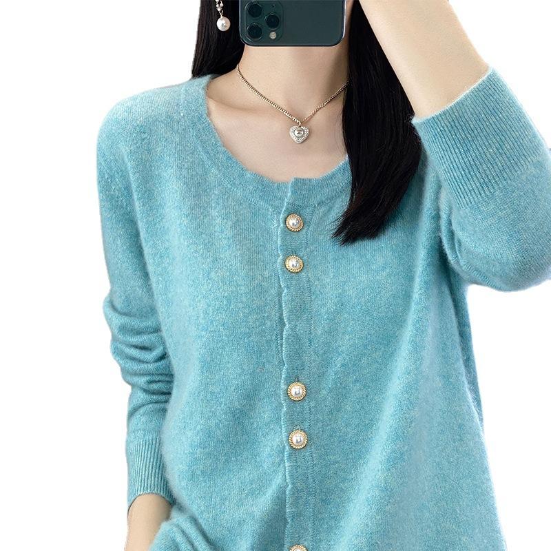 Wool Loose Pearl Button Round Neck Knit Sweater Cardigan New Spring Women's Versatile Jacket Top