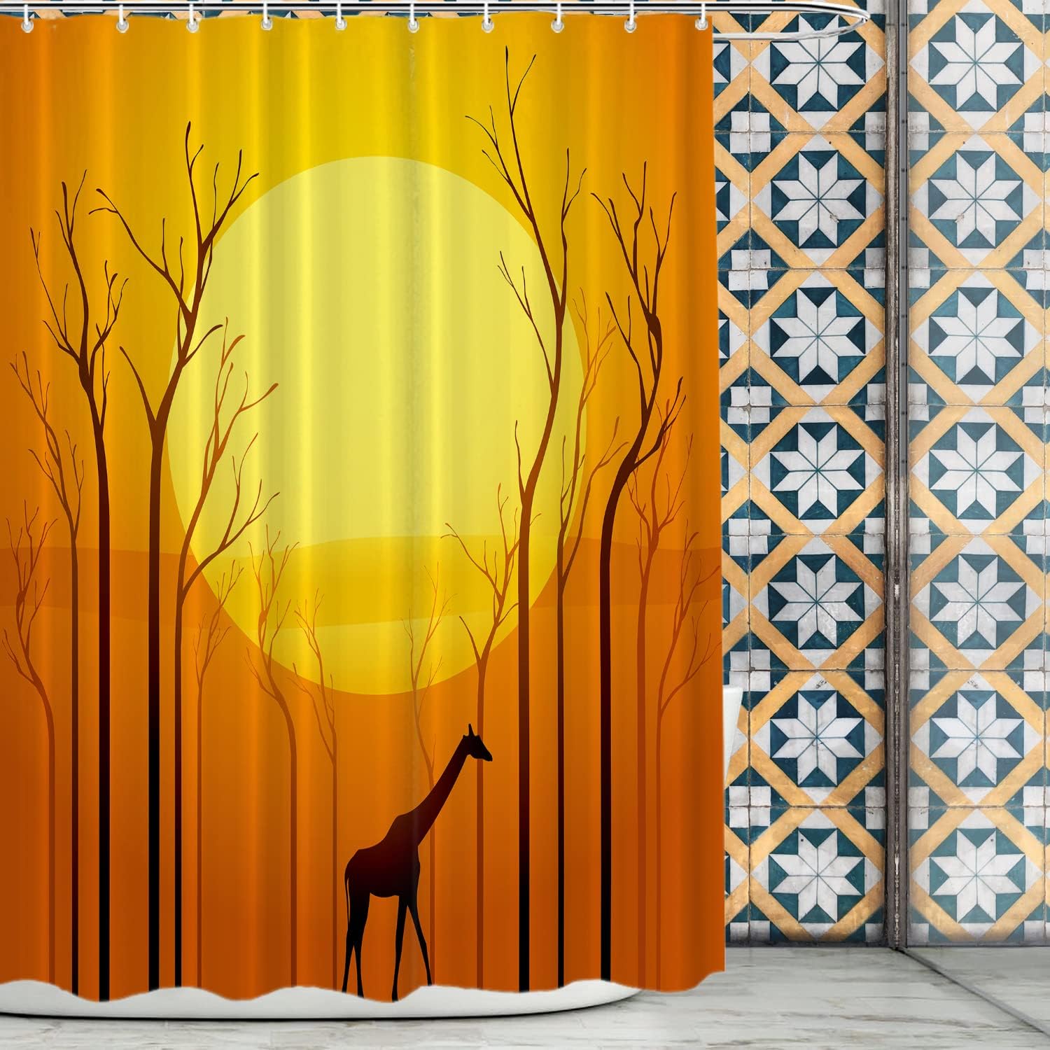 Giraffe Sunset Shower Curtain African Safari Silhouette Design Orange Yellow Theme Nature Art Bath Decor Waterproof Fabric 90x180cm35x71in