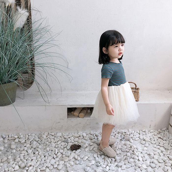 Girls Summer Dress Princess Dress Short Sleeved Gauze Striped Dress Cute A-line Mesh Dress