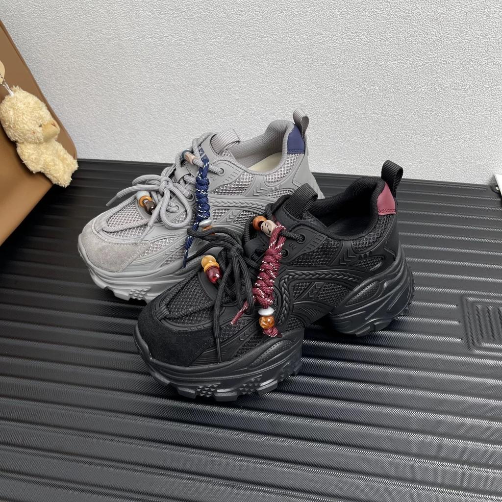 Leather 7cm Platform Dad Shoes Women's Shoes 2025 Autumn New Heightening Explosion Breathable Mesh Casual Sports Shoes