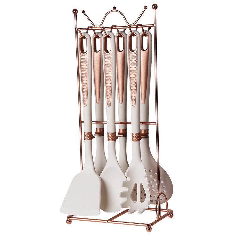 Silicone 7-Piece Kitchen Utensil Set with Storage Rack: Heat-Resistant, Non-Stick Spatula, Slotted Spoon, Ladle.