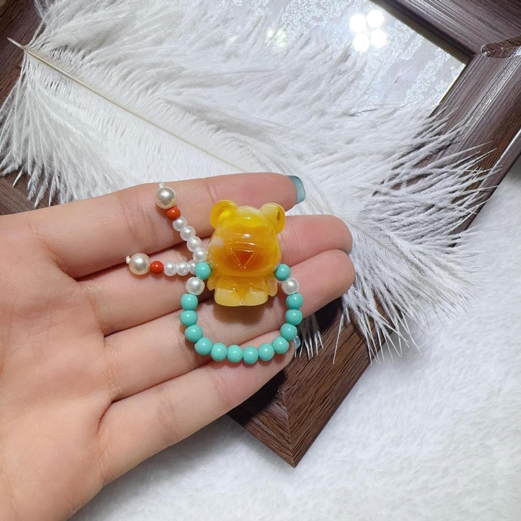 Second Gen Turquoise Amber Ring: Nine-Tailed Fox & Little Bear Wealth-Attracting Trendy Fashion Jewelry