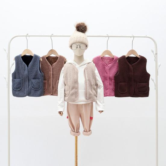 Barn Fleece Vest Ermløs Jakke Ensfarget V-hals Glidelåsvest med Lommer Varm Vinter Plysjvest for Gutter Jenter