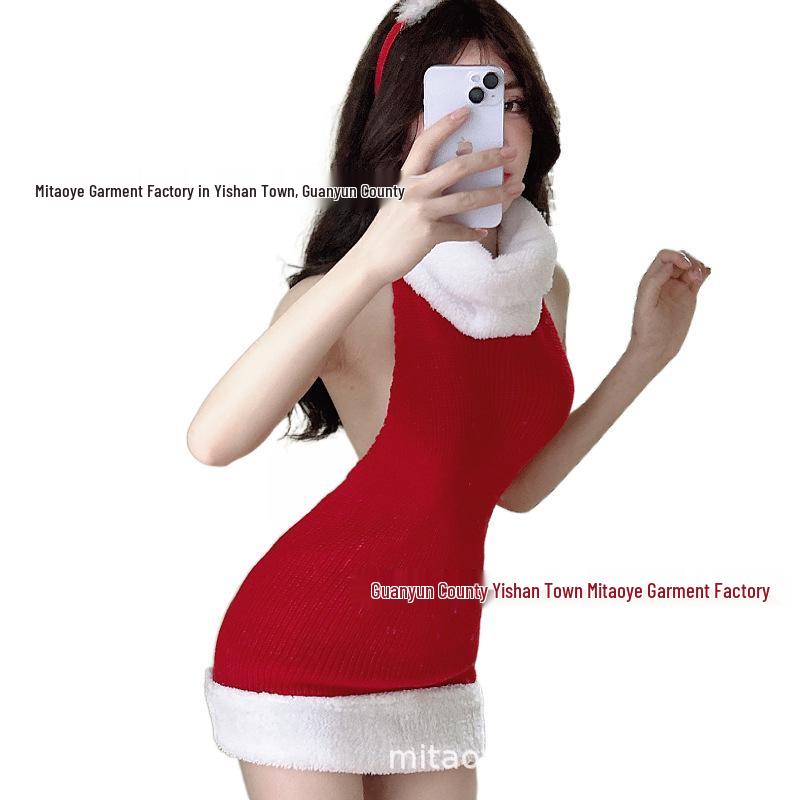 Erotic High Neck Backless Christmas Sweater & Mini Skirt Lingerie