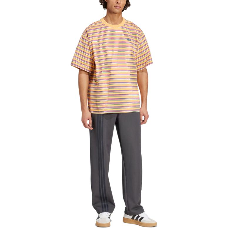 adidas Originals Stripe T-Shirt Fashion Versatile Round Neck Short Sleeve Men Tops Yellow Pink Detective-Green KB8356