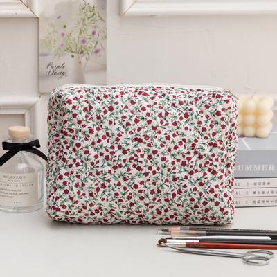 3Pcs Floral Cosmetic Bag Cotton Quilted Travel Makeup Pouch Large Capacity Cosmetic Organizer Case with Zipper for Women Girls