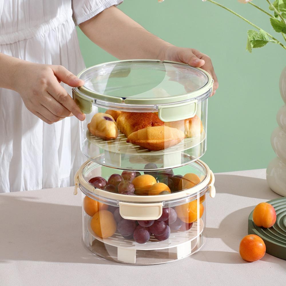 Luftdichte Camping-Obstbox mit Sieb, rund, faltbarem Griff, transparent, großes Fassungsvermögen