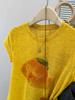 Women's 2025 Summer Slimming Printed Round Neck T-Shirt with Straight Shoulder Design and Short Sleeves