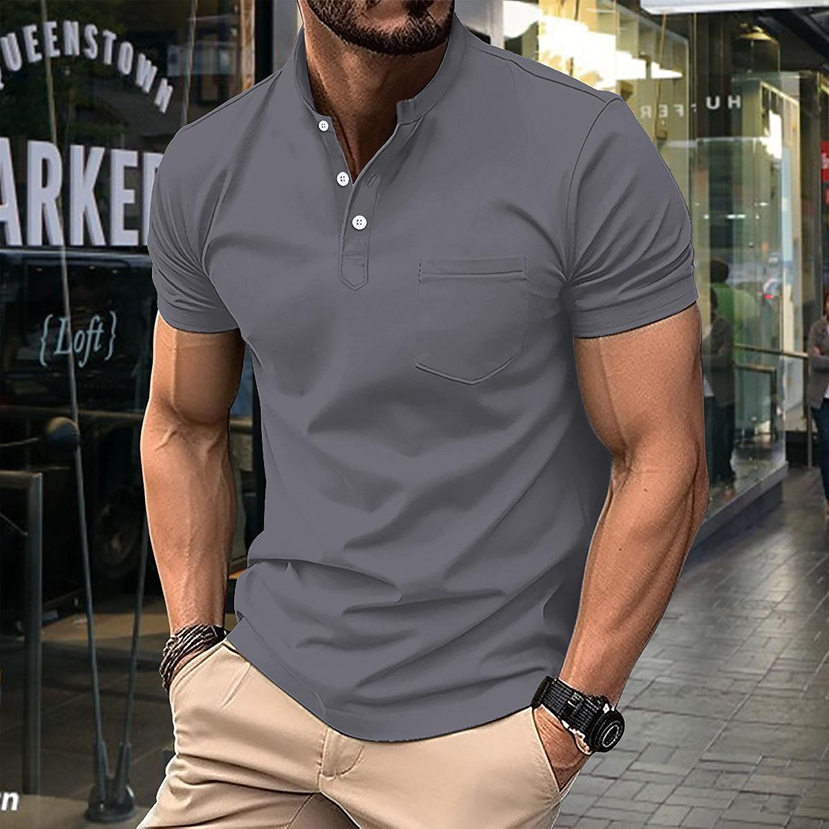 New Men s Casual POLO Shirt Pocket V-neck Button Business Solid Colour Versatile T-shirt Tops S серый