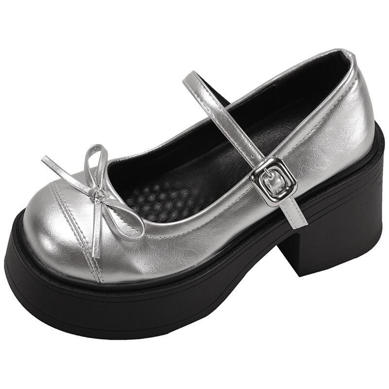 Silver French retro round head light mouth thick high heel single shoes women's 2025 new summer skirt JK Mary Jane shoes