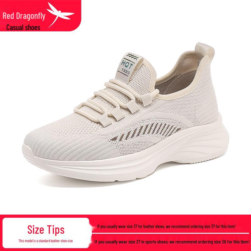 Red Dragonfly Women's Summer Fly-Knit Mesh Casual Sports Shoes - Soft Sole, Breathable, Flat Bottom Travel Walking Sneakers for Mothers