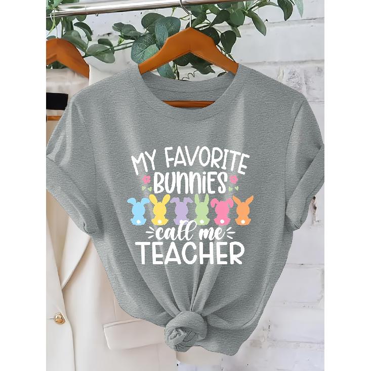 Women's MY FAVORITE BUNNIES Teacher's Short Sleeve Shirt One-piece Easter Outfit T Shirt Teacher's Outfit for Holiday Outings 2026 New Spring and