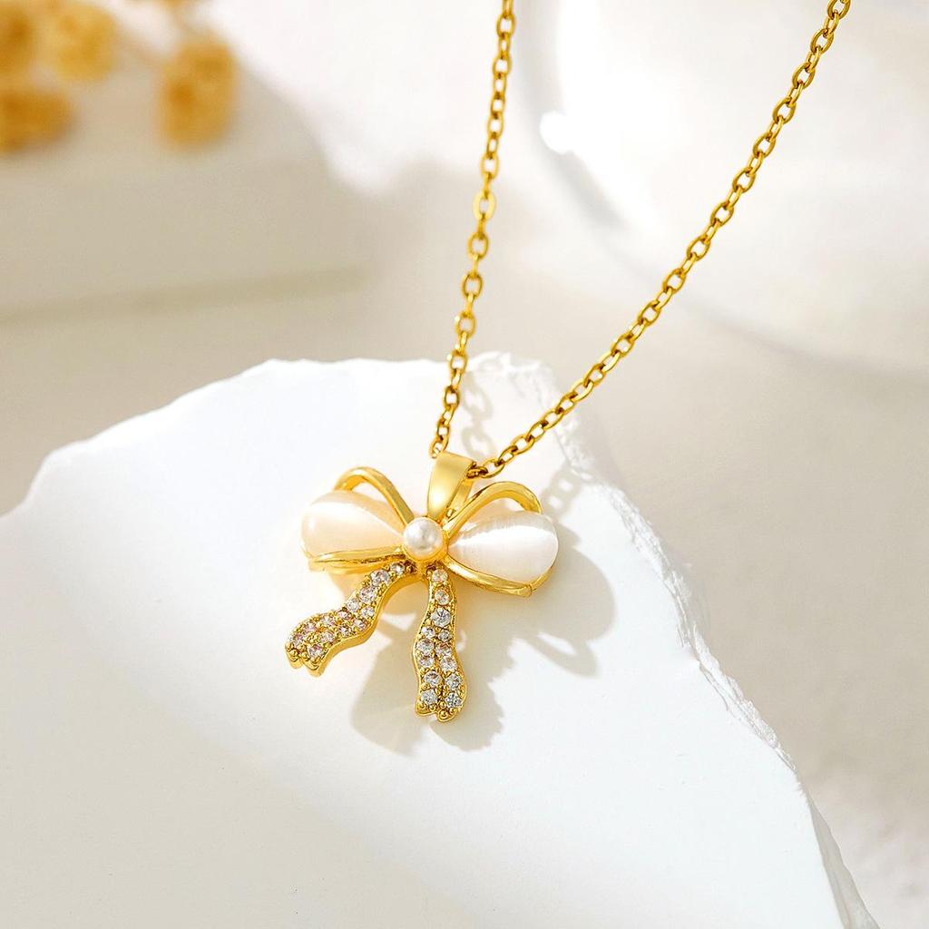 Sweet Zircon Bow Necklace - Women’s Titanium Steel Design