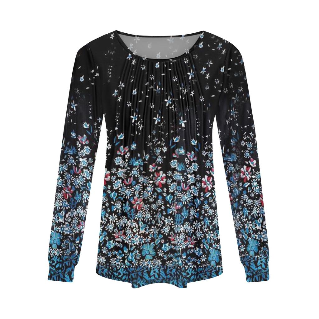Long Sleeve Shirts For Women Tops Dressy Casual Blouses Pleated Scooped Neck Tunic Tops