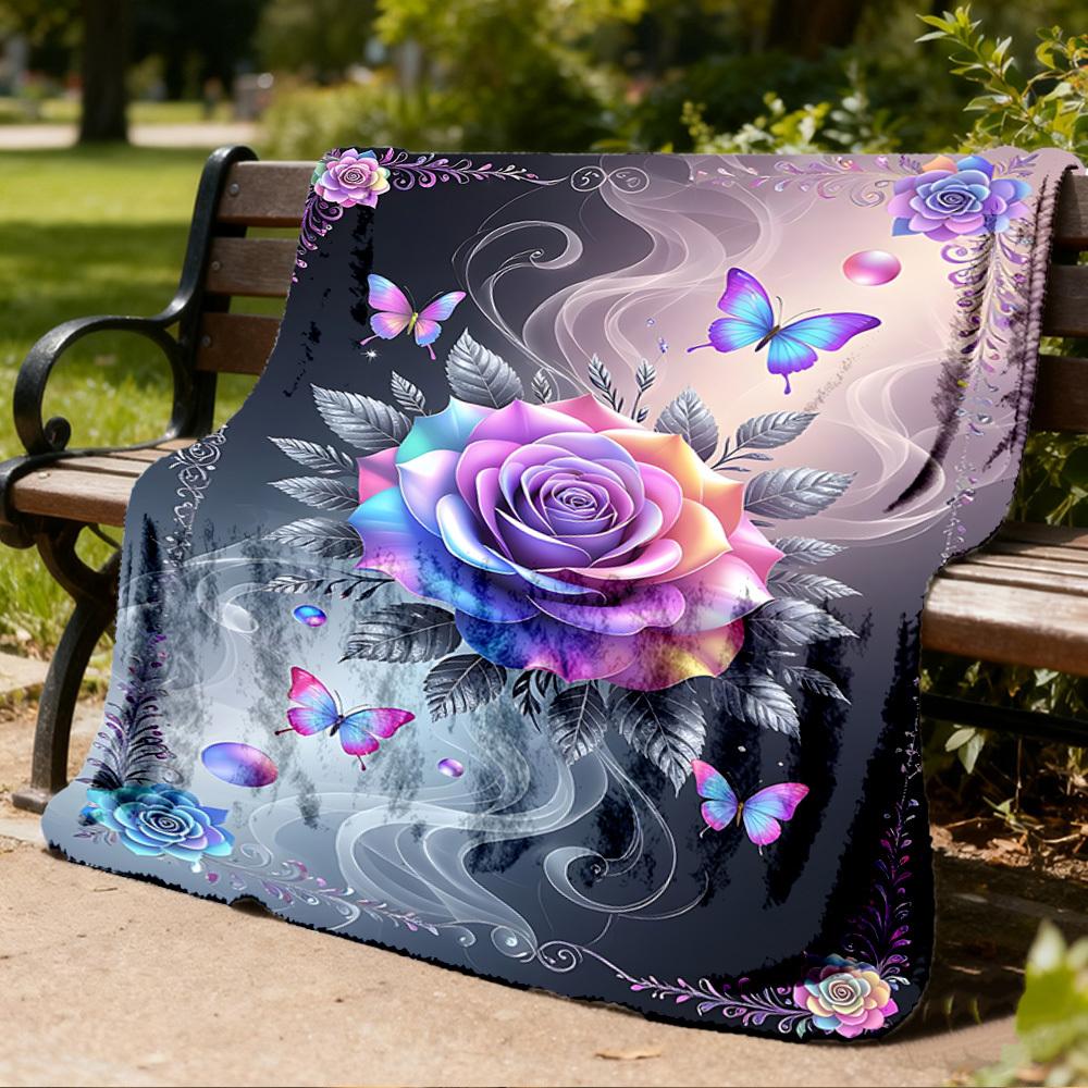 1pc Rose Butterfly Throw Blanket Polyester Fiber, Lightweight Flannel, Soft & Warm, All Season Use for Outdoor, Camping