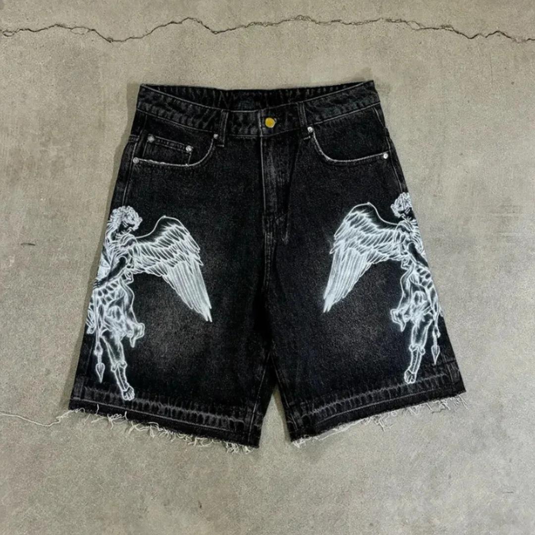 American Vintage Street Print Loose Washed Denim Bermuda Shorts Summer S