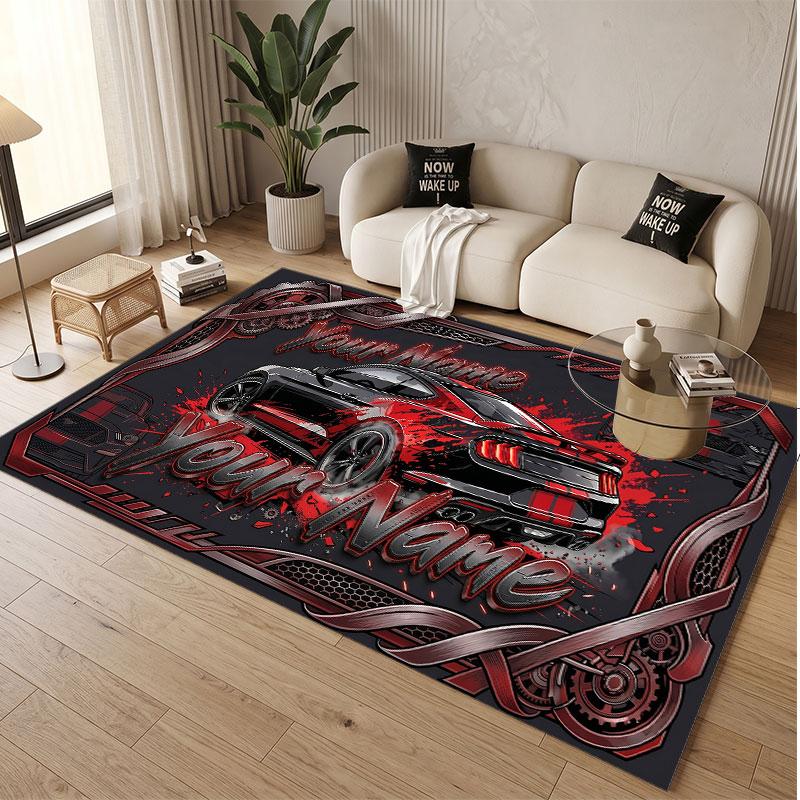 Car Racing Theme Soft Crystal Velvet Rug Custom Name & Text Print Non Slip Floor Rug for Bedroom Living Room