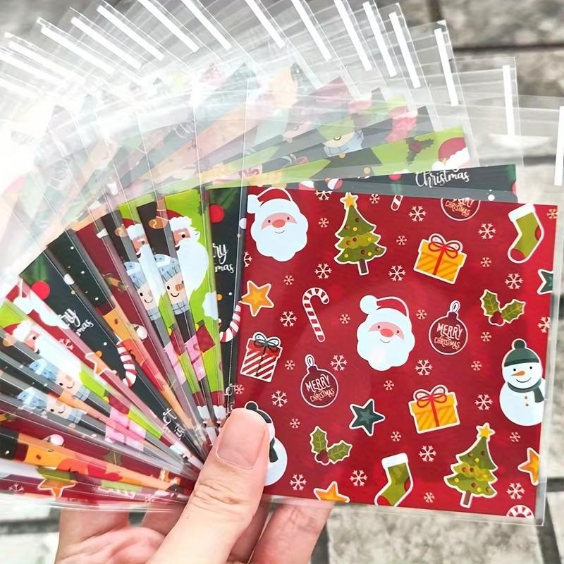 100PCS Christmas Gift Bags Xmas Candy Cookie Self-Adhesive Bag Baking Packaging Bags for Biscuits Cookies Party Decoration
