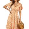 Popular, Summer Floral Short Sleeve Wrap V-Neck A Line Midi Dress