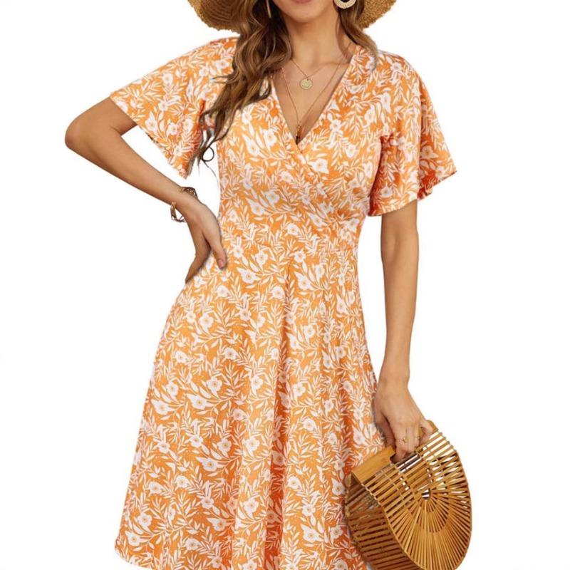 Popular, Summer Floral Short Sleeve Wrap V-Neck A Line Midi Dress