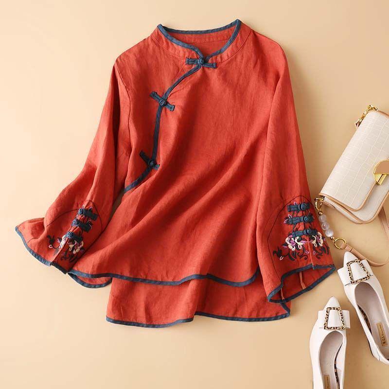 Spring/Autumn 2024 Women's Chinese Style Embroidered Oblique Collar Top