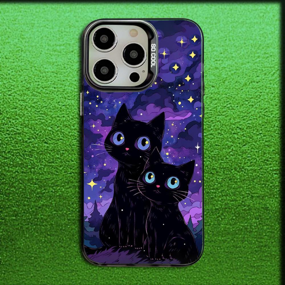 Sternenhimmel Van Gogh Schwarze Katze Handyhülle Für iPhone 16,15,14,13,12,11,Mini,Pro,MAX Grau Matt Silikon Schwarze Abdeckung