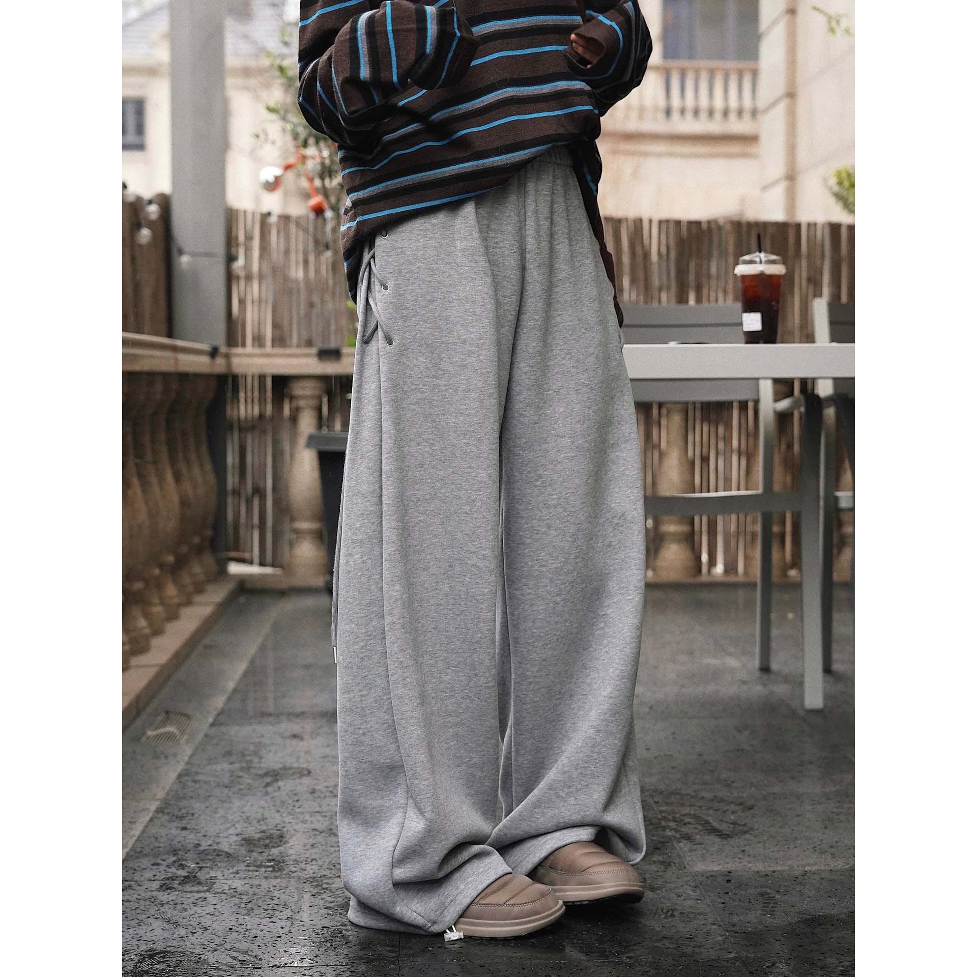 Korean Style Elastic High Waist Side Tie Wide Leg Casual Pants for Women Medium